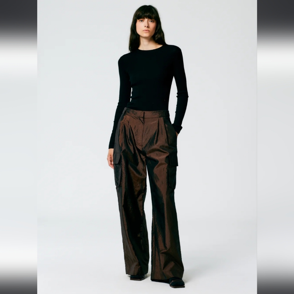 Tibi Stella Crispy Nylon Pleated Cargo Pants, Brown, 00